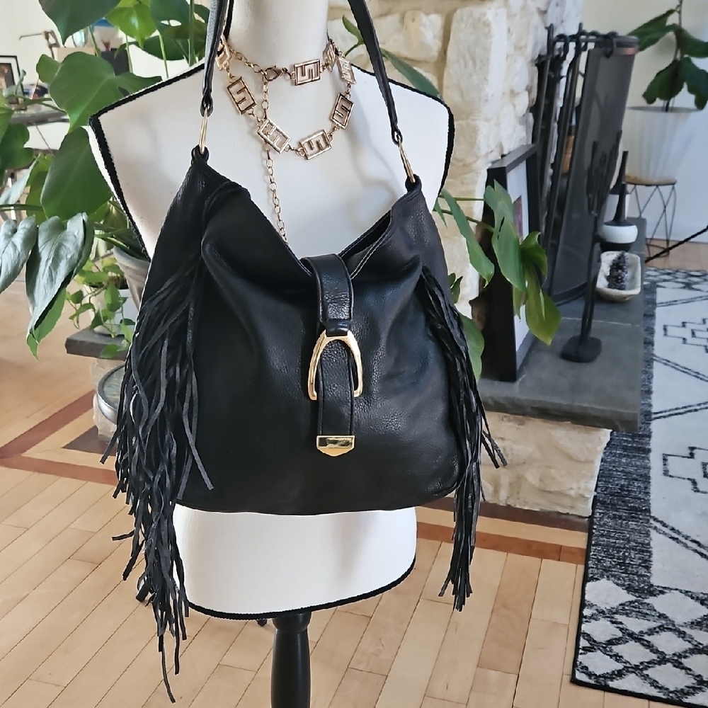 G.I.L.I. Black Leather Shoulder Bag with Fringe